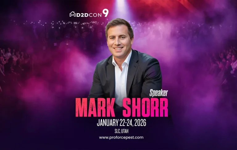 Mark Shorr of Proforce smiling in a suit, event speaker for D2DCon 9, Jan 22-24, 2026, SLC, Utah, purple-pink background.