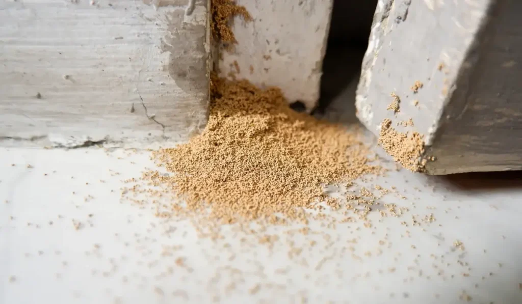 A pile of termite droppings on the floor near a cracked concrete wall signals common wall void pest signs in Orlando.