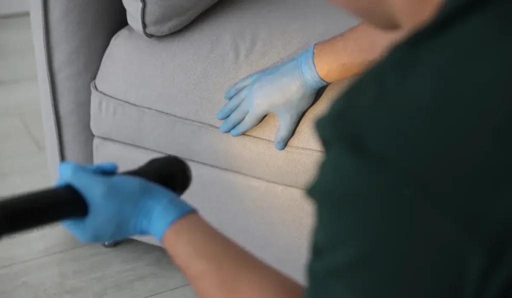 Person wearing blue gloves inspecting a couch with a flashlight, following a pest control checklist to reduce infestations.