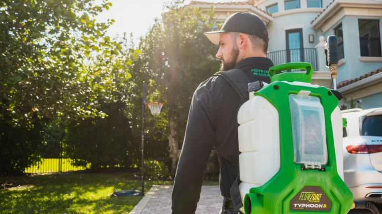 Man with cap and backpack sprayer stands outside a house, ready for pest control work using our service area template.