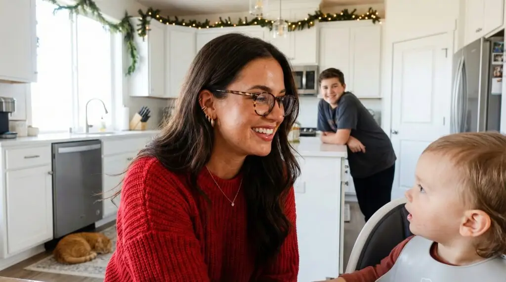 Happy Family in a winter Christmas decorated kitchen
