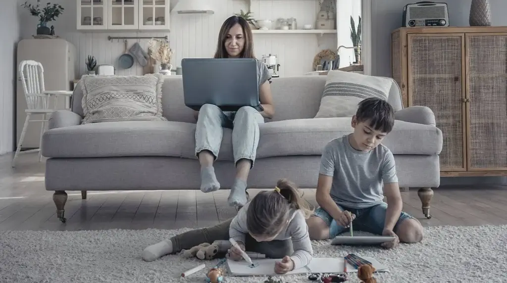 A family relaxing and working in their living room.
