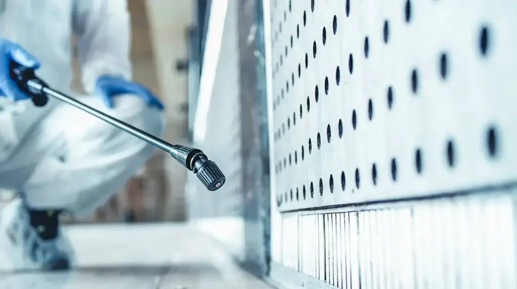 A technician bending down to apply treatment to a problem area.