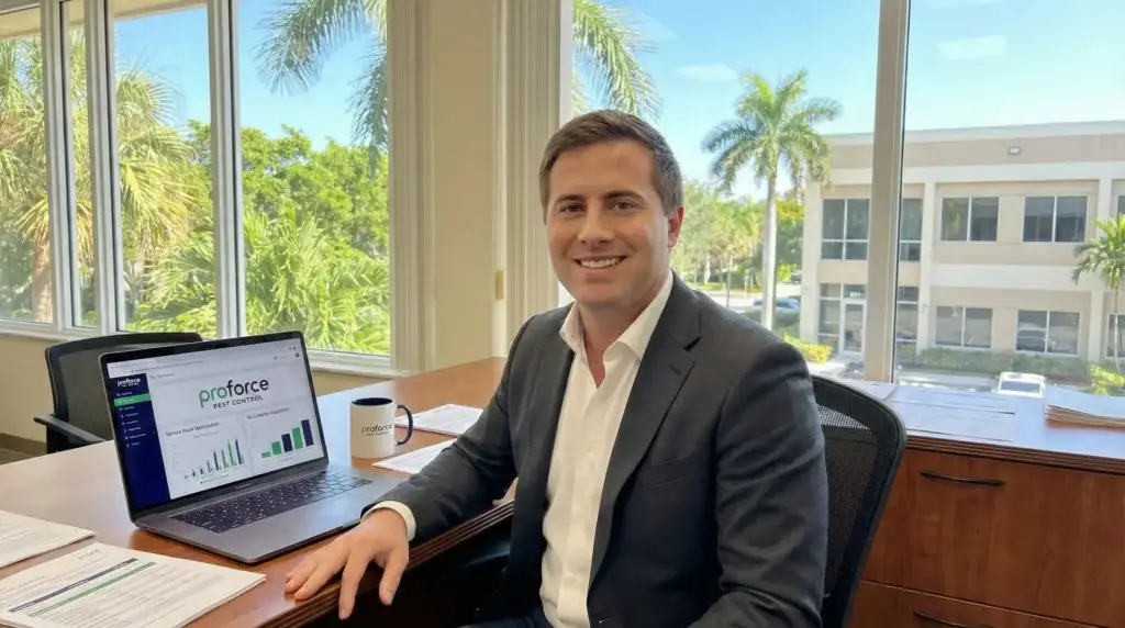 proforce pest control ceo mark shorr sitting at his desk in the boca raton hq office