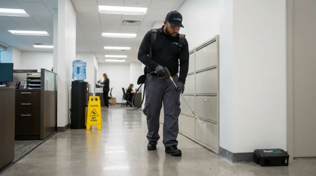 A pest control worker sprays near office filing cabinets in this commercial template; a wet floor sign is visible behind.