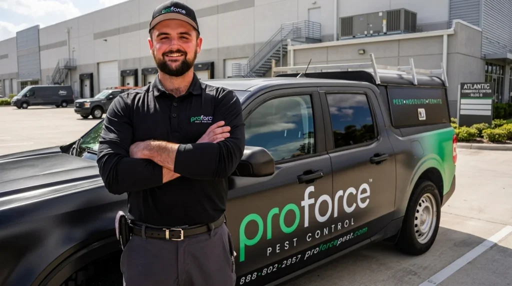 A smiling pest control worker stands with arms crossed by a Proforce Pest Control truck in this Commercial Template.