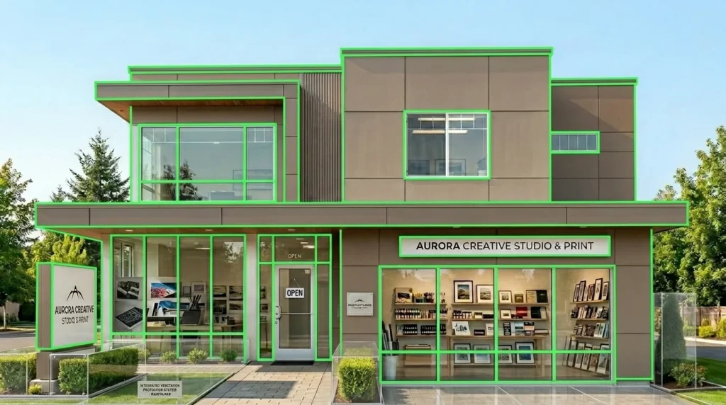 Modern two-story commercial template with large windows, labeled Aurora Creative Studio Print, surrounded by trees.