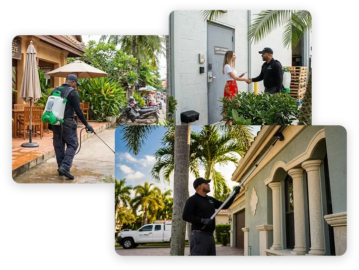 A pest control worker uses a commercial template to treat a building exterior in a sunny, tropical setting.