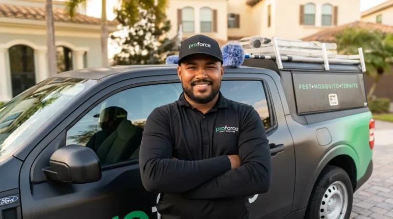 Smiling pest control worker in uniform stands by a Proforce truck with arms crossed in a suburban neighborhood.