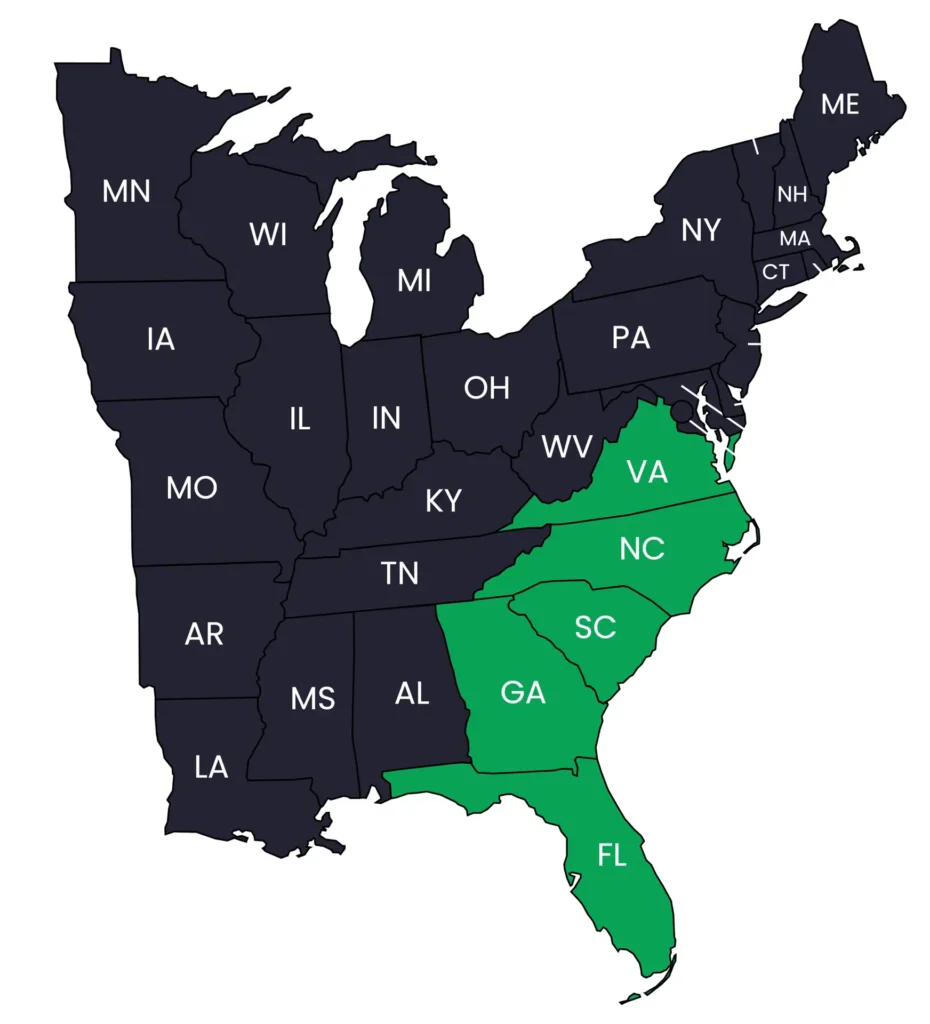 Map highlighting Florida, Georgia, South Carolina, North Carolina, and Virginia in green; other U.S. states in dark gray.