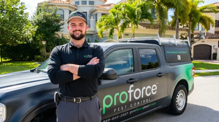 Smiling pest control worker stands by a Proforce Pest Control truck, ready to provide home protection.