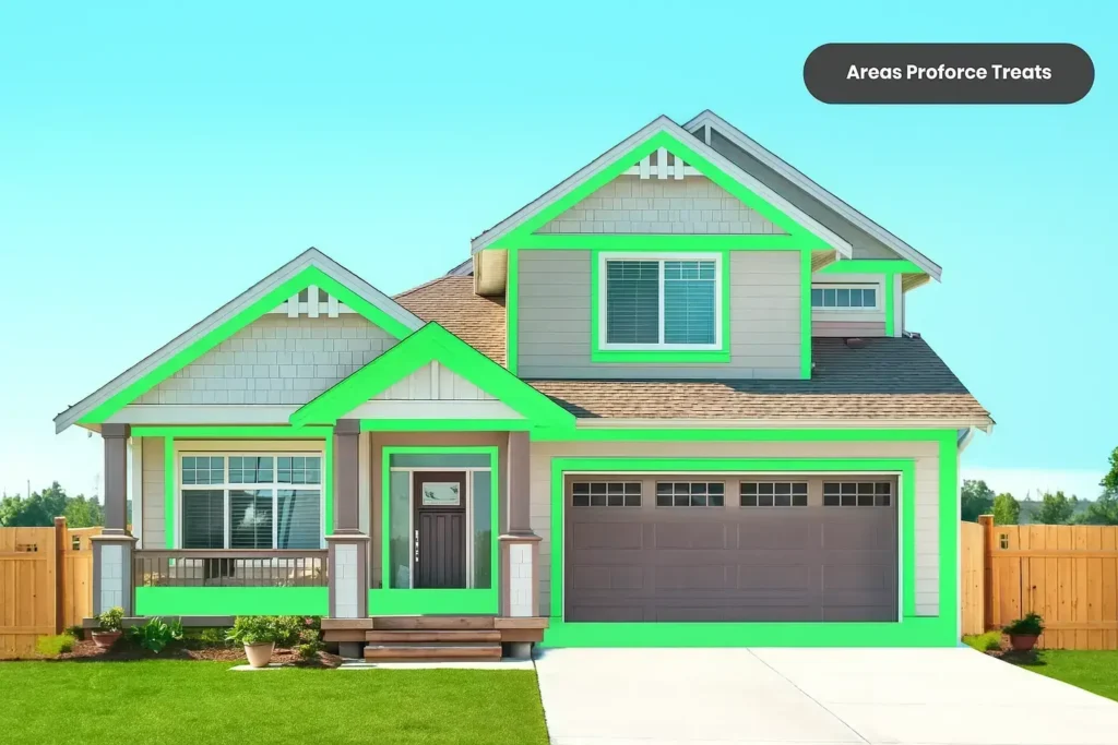 A modern house with highlighted trim in green, labeled Areas Proforce Treats—expert pest control for home protection.