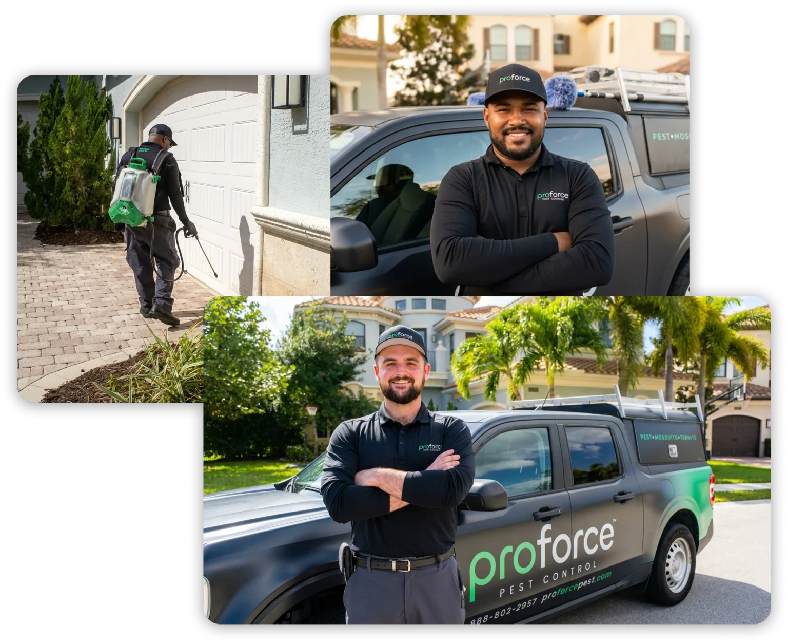 Three Proforce Pest Control workers spray outside homes and their truck, showcasing expert home protection in uniformed style.