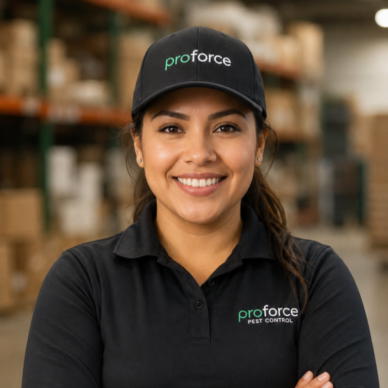 Proforce Pest Control technician standing with arms crossed in a warehouse, wearing branded cap and polo