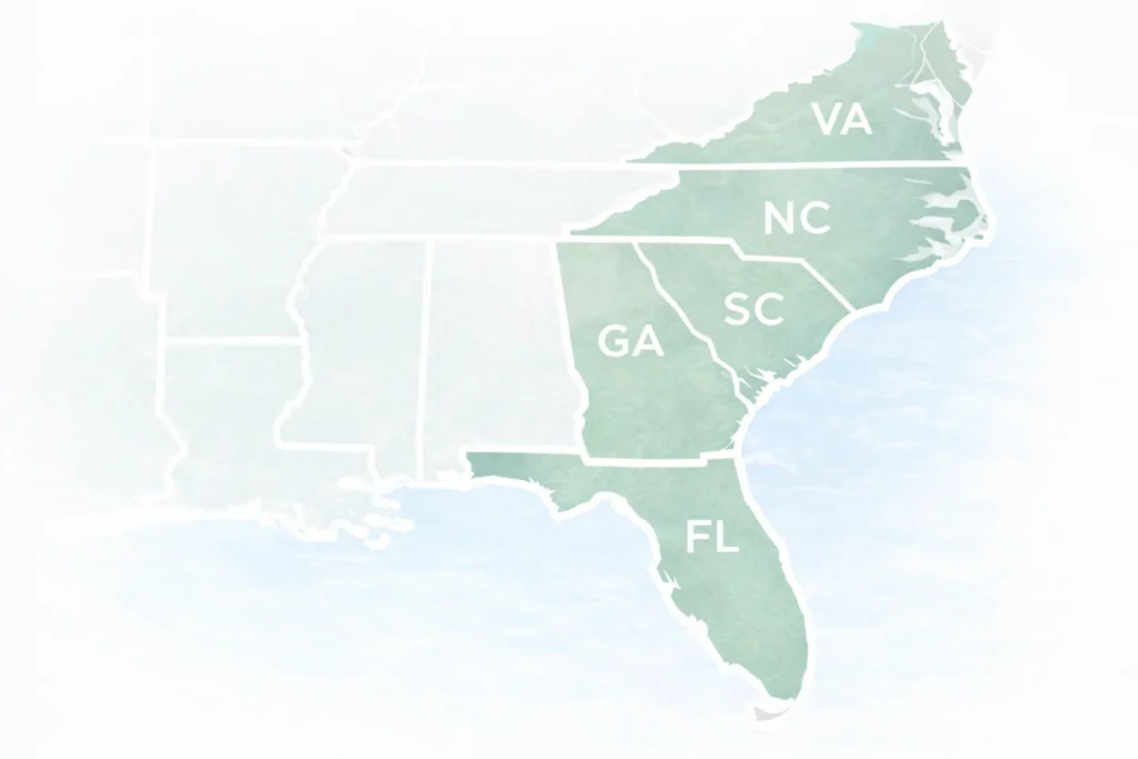 Map highlighting southeastern U.S. states where Proforce offers expert pest control and home protection services.