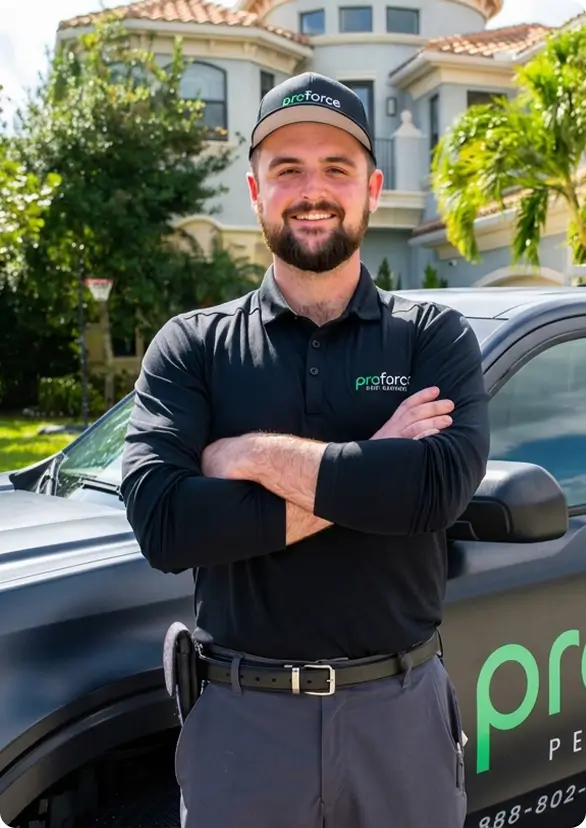 Man in Proforce Pest Control uniform stands smiling, showcasing expert pest control and home protection services.