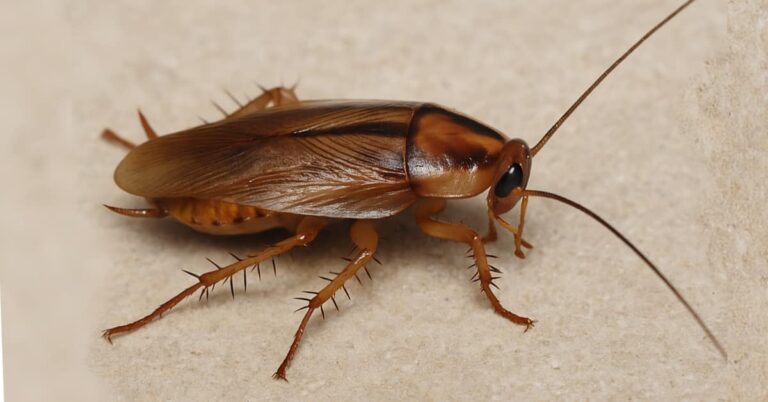 Close-up of a brown cockroach with long antennae and spiny legs on a light, textured surface.