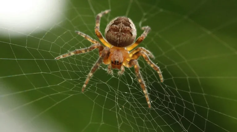 Close-up of a brown spider on its web, with a blurred green background.