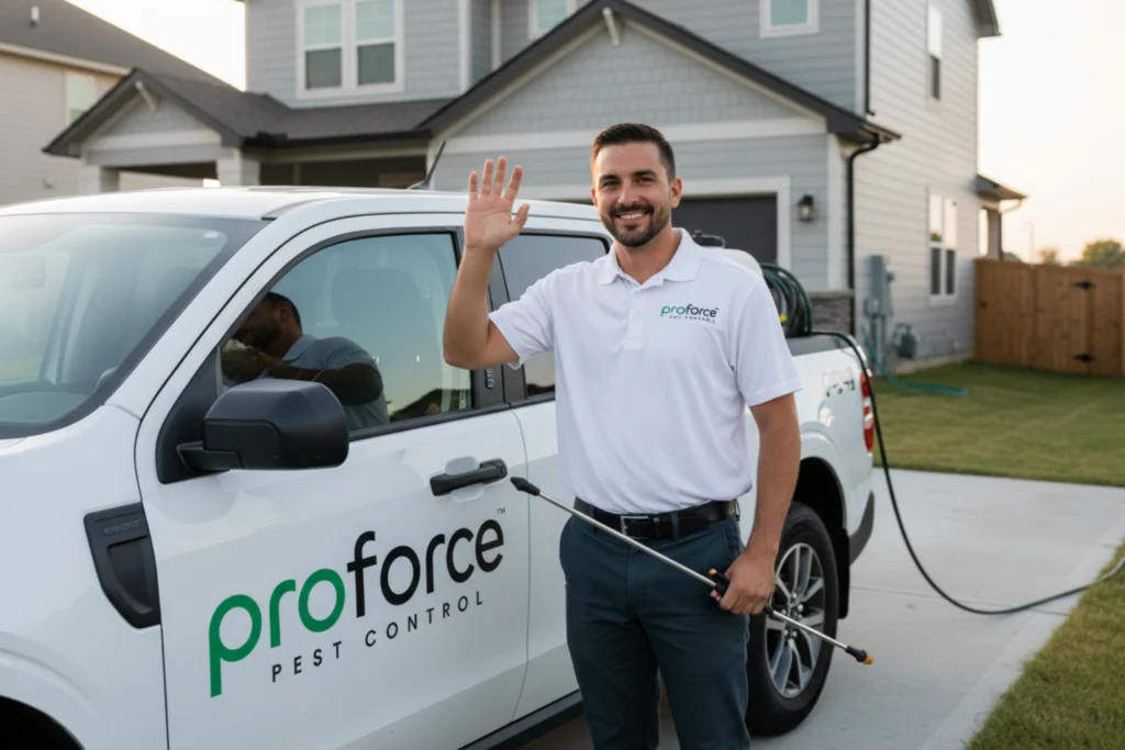 Man in a white proforce pest control shirt waves beside a company truck, holding pest control equipment in a driveway.