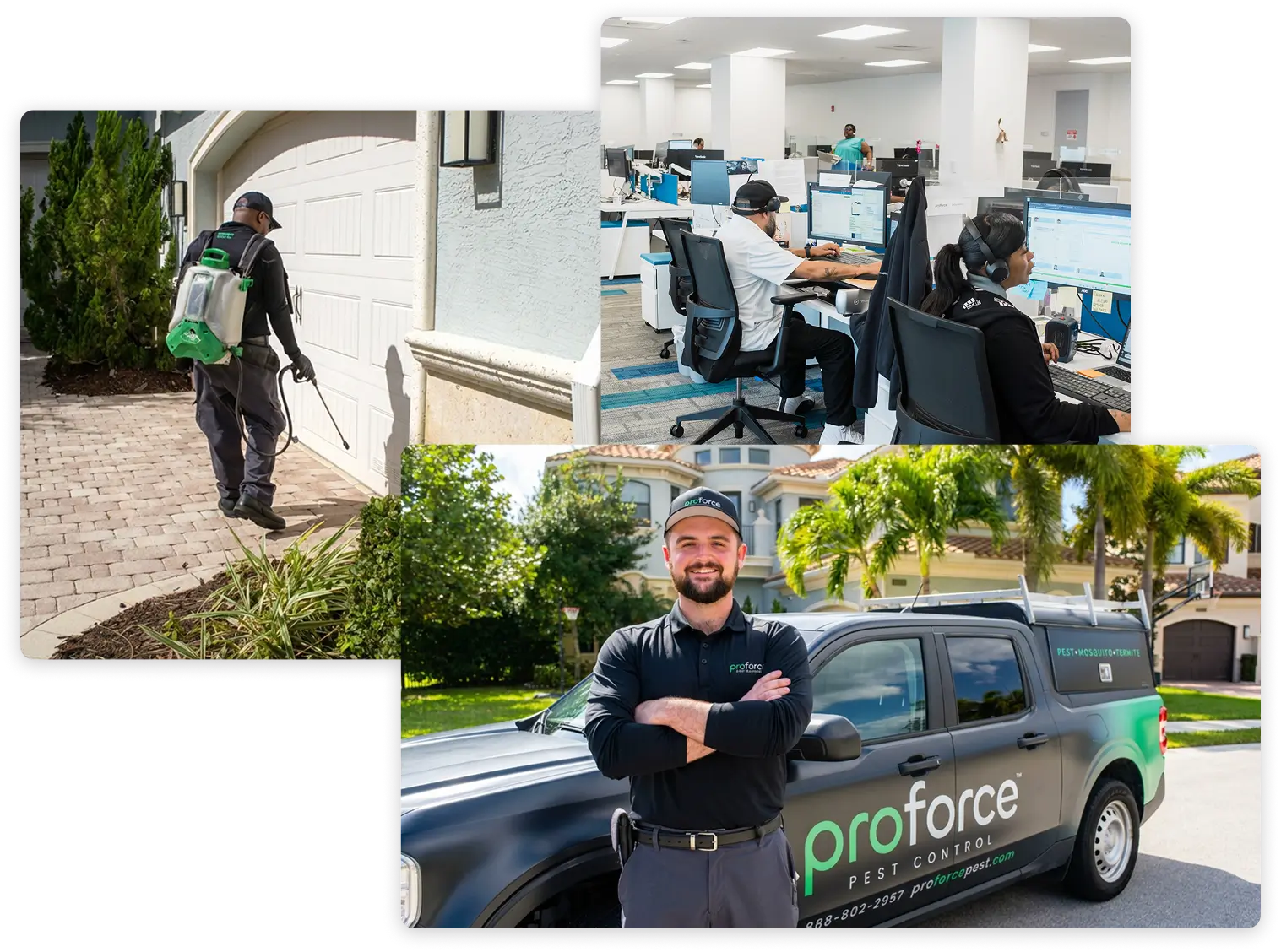 Collage of a pest control worker spraying outside, an office with people at computers, and a worker standing by a Proforce truck.