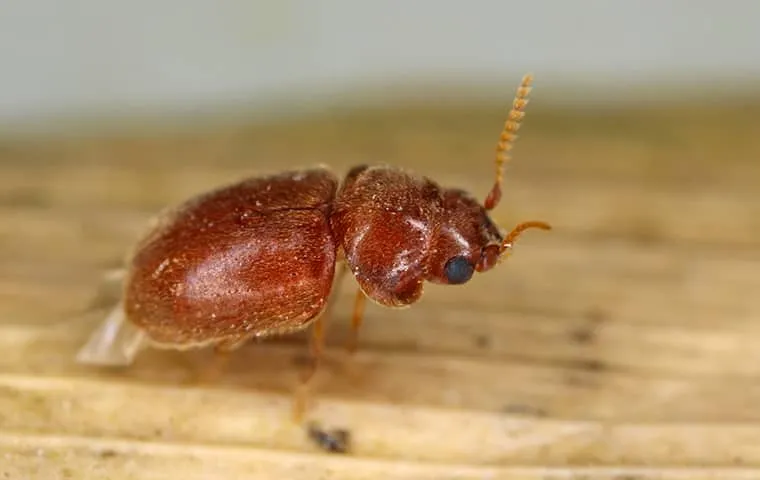 Close-up of a reddish-brown pantry insect with antennae, standing on a light-colored wooden surface.