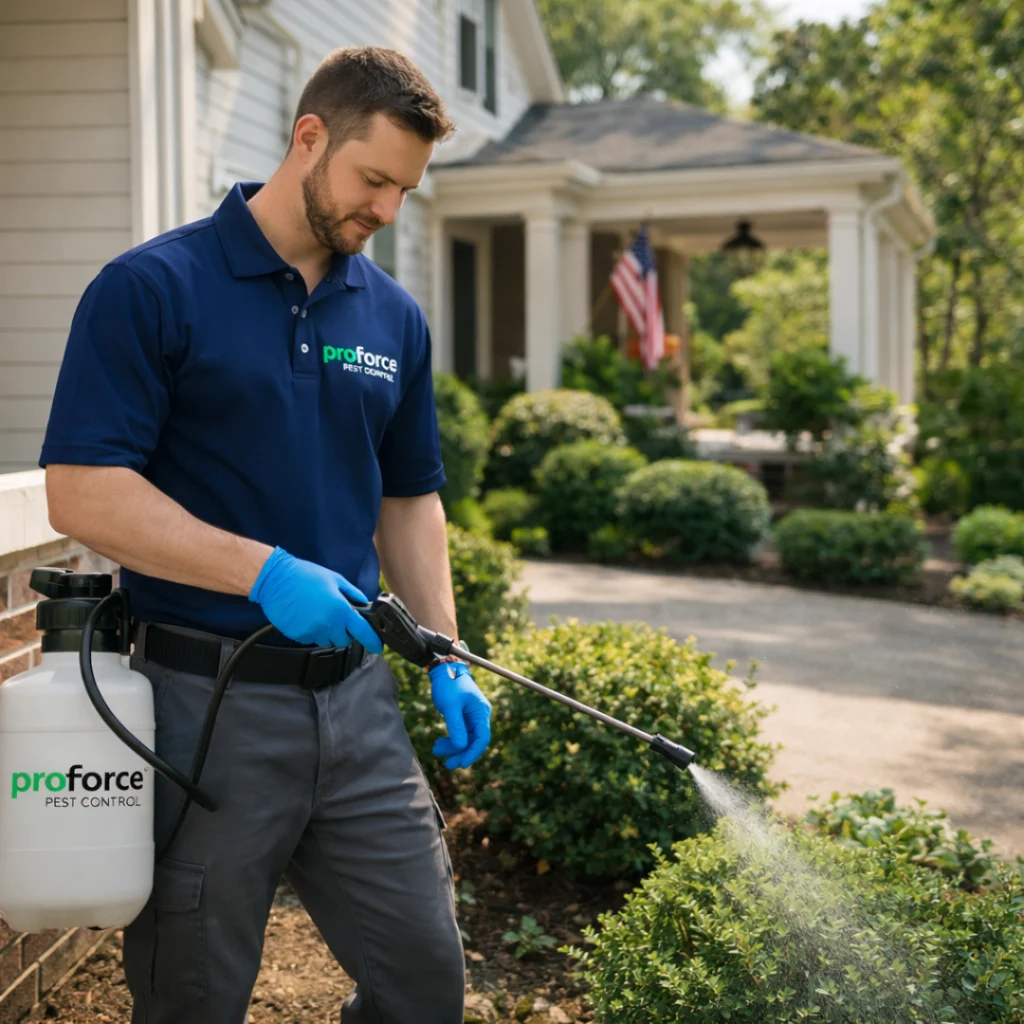 A pest control worker sprays bushes outside a house, wearing gloves and a Proforce Pest Control uniform.