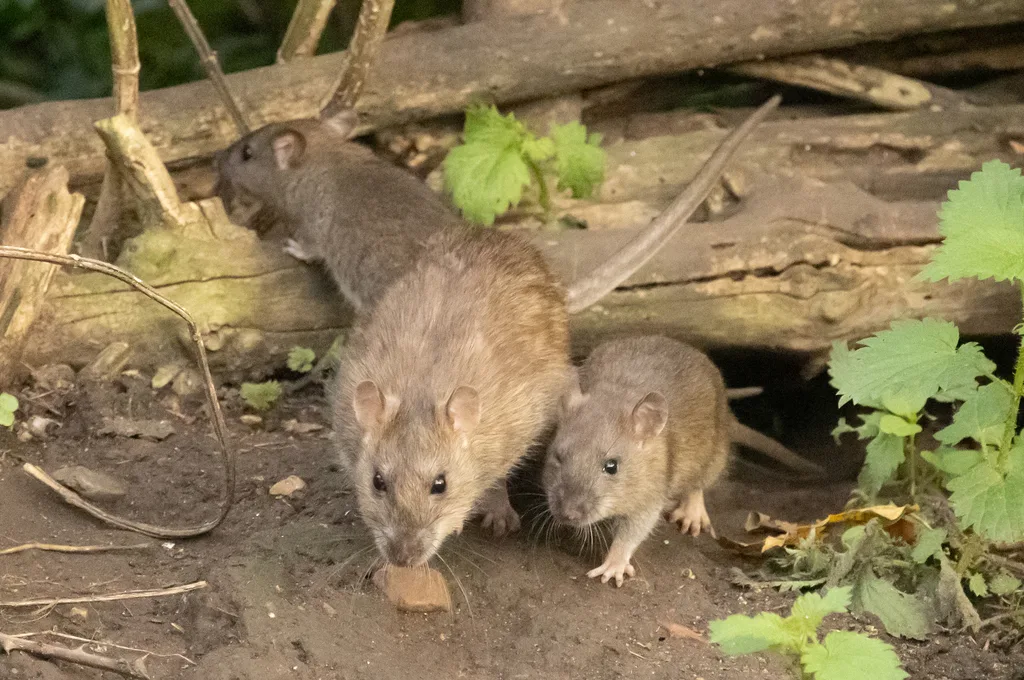 Rats in Georgia: Signs, Risks, and Control 5 Norway rats foraging near rotted wood — common rat pest in Georgia