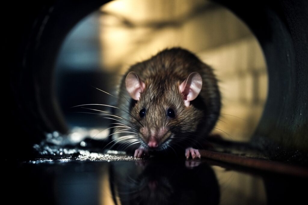 A brown rat in a dimly lit tunnel, its reflection visible—one way to identify common species found in Florida.