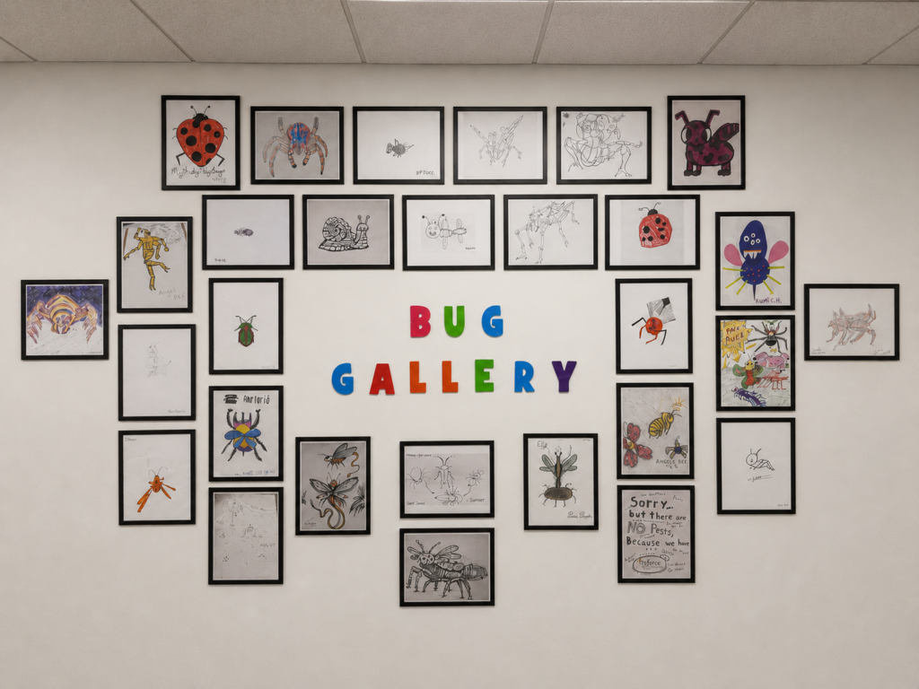 Framed children’s bug drawings displayed on a wall with colorful letters spelling “BUG GALLERY” in the center.