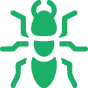 Green insect icon with six legs and antennae, viewed from above, on a light gray background.