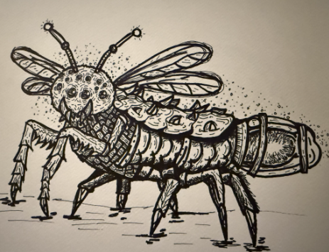 Pencils Down, Pests Drawn: Inside the Proforce Bug Drawing Contest 1 Ink drawing of a fantasy insect with multiple eyes, six legs, wings, and a segmented, armored body with spikes.