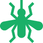 Green mosquito icon with six legs, two wings, and a long proboscis on a light gray background.