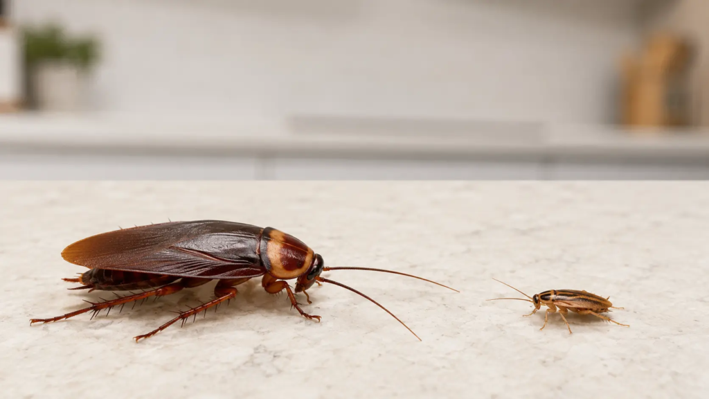 a comparison photo of an american cockroach and a german cockroach on a counter top