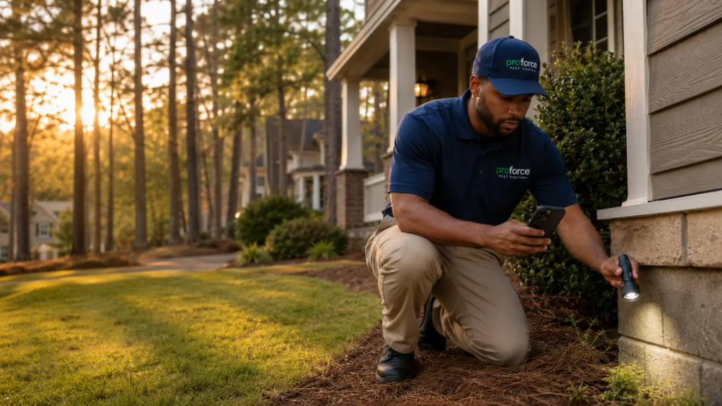 A proforce pest control technician inspecting a foundation outside of an Atlanta GA home