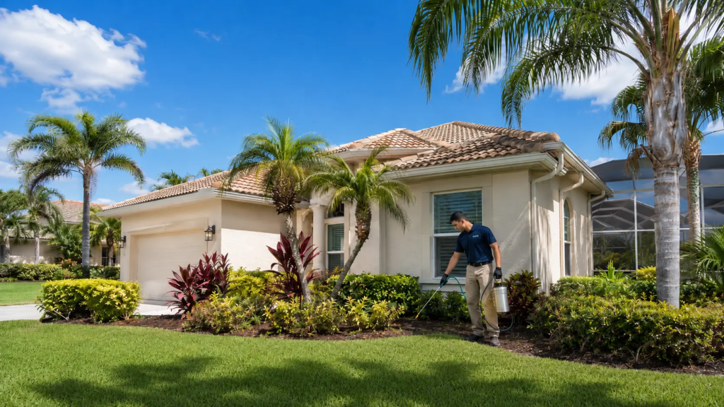 A proforce pest control technician is working outside of a clients home in Fort Myers Florida
