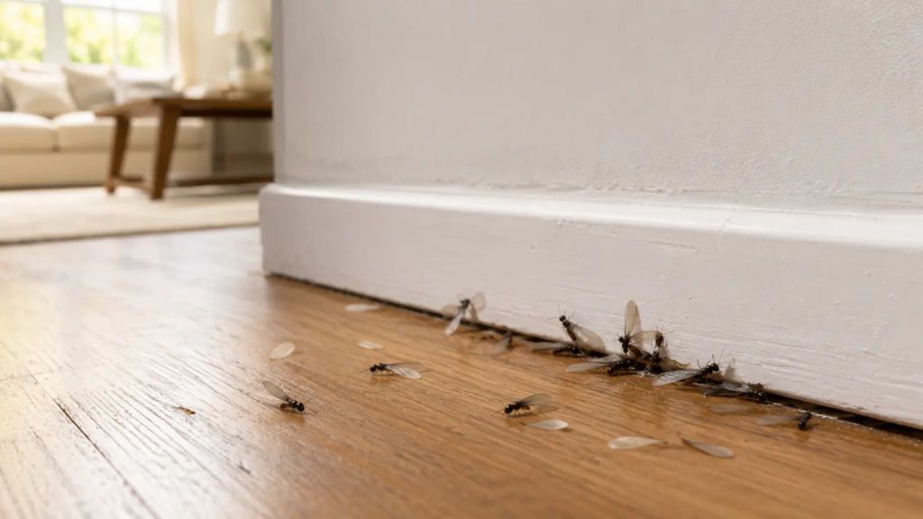 Termite swarmers crawling out from a kitchen island baseboard