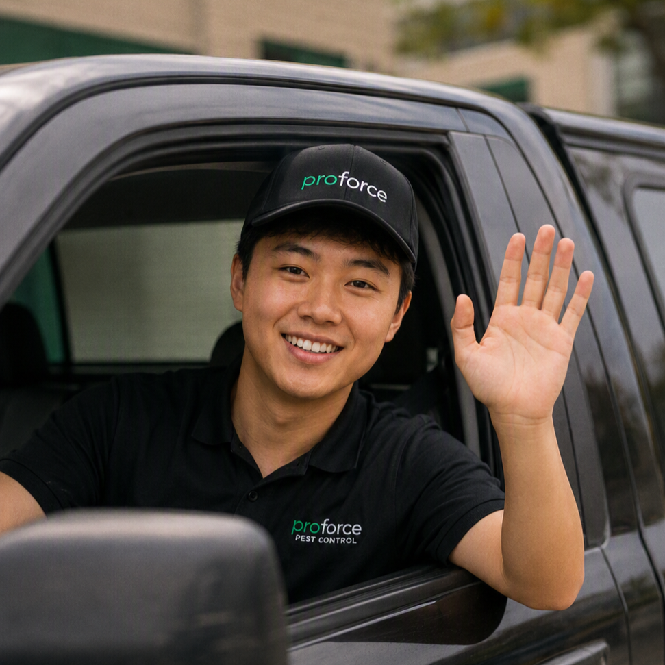 Proforce Pest Control technician smiling and waving from the driver's window of a company truck