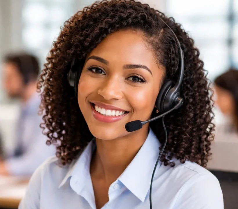 Smiling woman wearing a headset and light blue shirt, sitting in an office, ready to assist customers.